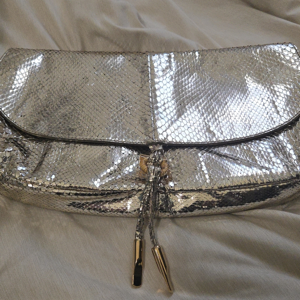 Salvatore Ferragamo Silver Clutch with Gold Accents